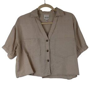 Industry S Beige Linen Button Down Shirt Top Short Sleeve Collared Safari